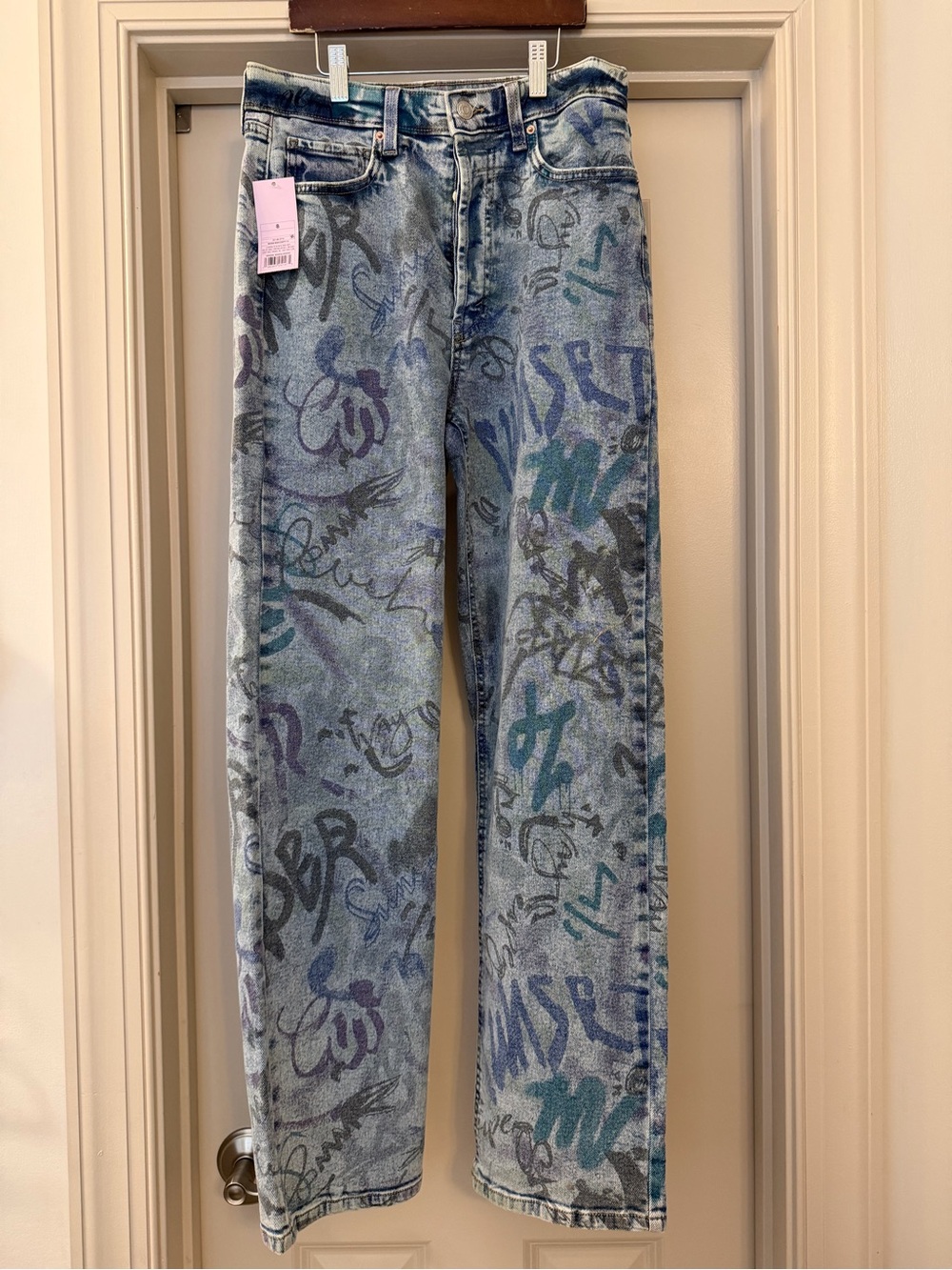 wild fable Light Blue Streetwear Graffiti High Rise Straight Leg Jeans